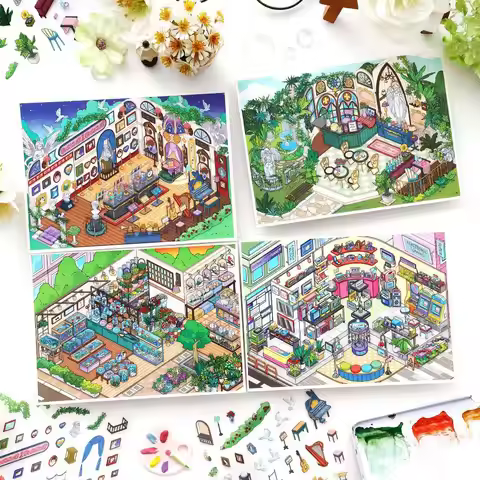4-Pack Open Today Stickers Series 28 - 2.5D Oversize Scene Diorama, Journal Shop Decor Material, Cre