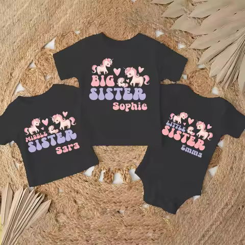 Personalized Big Sister Little Sister Family Shirts Unicorn Print Sibling Matching Clothes Custom Na