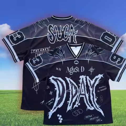 2026 Black Agust D "D-DAY" Print Quick Drying Football Jersey Men's SUGA Inspired Streetwear V-Neck 