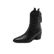 ผู้หญิง รองเท้าส้นสูงหัวแหลม นุ่ม หนัง รองเท้าบูทสั้น ฤดูใบไม้ร่วง ฤดูหนาว รองเท้าแฟชั่น Western สไต