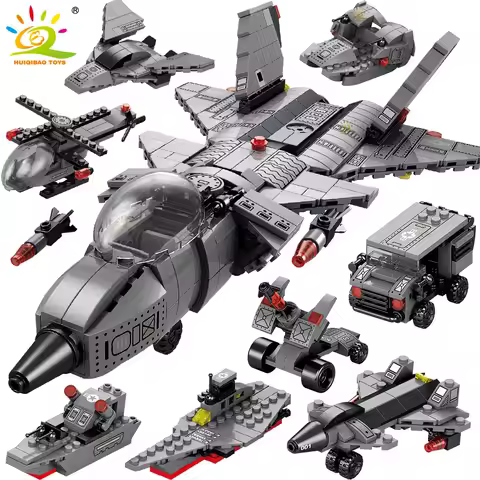 HUIQIBAO Military 510PCS Attack J-20 Fighter Building Blocks Army City Weapon Plane Airplane Helicop