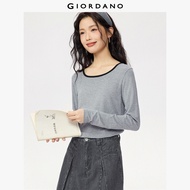 GIORDANO ผู้หญิง  เสื้อยืดคอเหลี่ยมตัดกัน เสื้อยืดยืด แขนยาว นุ่มสบาย แฟชั่นลำลอง เสื้อยืด 05325811