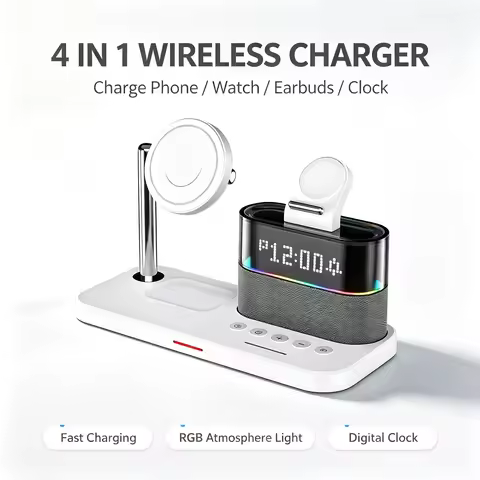 Multifunction Wireless Charger Stand Pad RGB Light Alarm Clock Speaker For iPhone Samsung Xiaomi Min