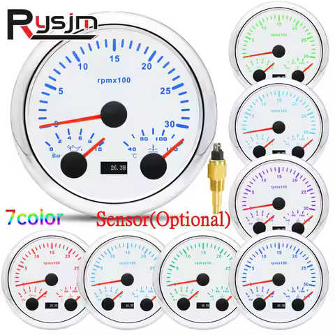 7 Color Backlight 85MM Gauge 3 IN 1 3000~8000RPM +Oil Pressure + Water Temperpature Hours Tacho Temp
