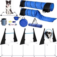 Complete Dog Agility Training Set - 4-in-1 Obstacle Course Kit with Adjustable Hurdles, Weave Poles,