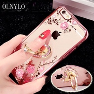 OLNYLO เคสยางใสมีแหวนตั้งได้สำหรับผู้หญิงเคสยางคริสตัลพลอยเทียมแวววาวลายดอกไม้ผีเสื้อสำหรับ Apple iPhone 6 6S 7 8 Plus X XR Xs Max 11 12 13 Pro Max