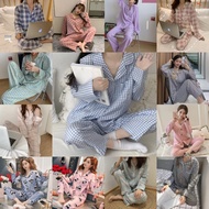 JC1004-1 Modern Set Panjang Piyama Kerah Motif Kotak Wanita Baju Tidur