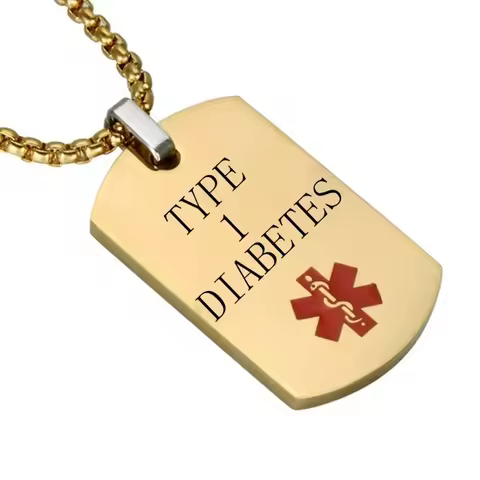 TYPE 1 DIABETES Gold Color Dog Tag Medical Alert ID Necklace for Men ICE SOS Personalize Jewelry Gif