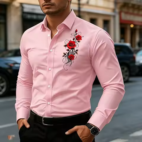 Gentle light pink base retro red rose vine print shirt men's slim fit long sleeve trendy youth versa