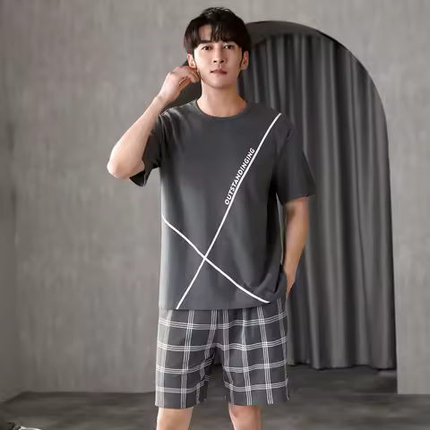 Young Men Pajamas for Summer Soft Cotton Home Suit Men's Pijama Sets Pullover Plaid Male Short Sleep