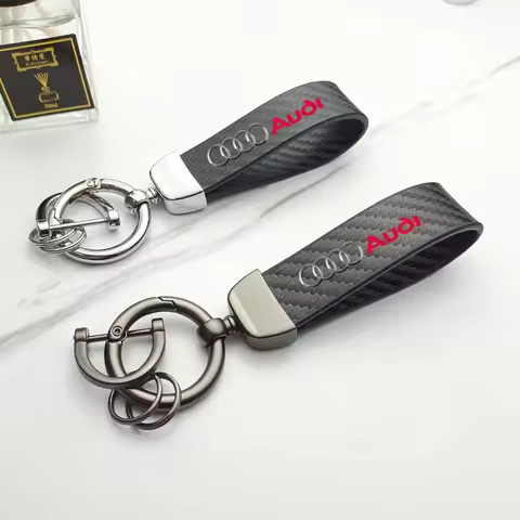 Car Emblems Keychain Leather Carbon Fiber Keyring Anti-lost Pendant for Audi Q2 Q3 Q3 Q4 Q5 Q6 Q7 Q8