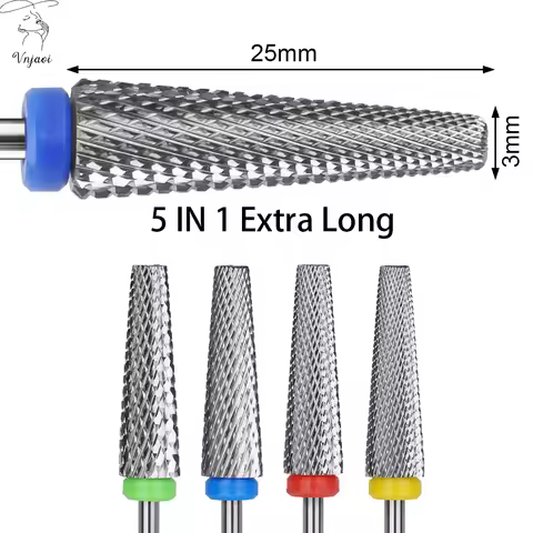 Vnjaoi 5 In 1 Bits Extra Long Tungsten Steel Nail Drill Bits Milling Cutter For Nail Polish Glue UV 
