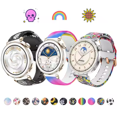 18mm Printed Strap for Huawei GT5 41mm/GT5pro 42mm Sunflower/rose/Rainbow Silicone Strap for Huawei 