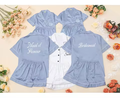 Dusty Blue Matching Bridesmaid Pajamas Set Satin Customized Silk Bride Pajamas Bridal Party and Gett