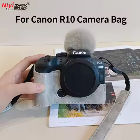 For Canon R10 Camera Bag PU Leather Camera Half Body Case For Canon EOS R10 Battery Opening Bottom C
