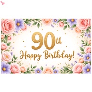 90th Birthday Backdrops for Women Pink Floral Rose Birthday Banner Photography Background Gold Glitt