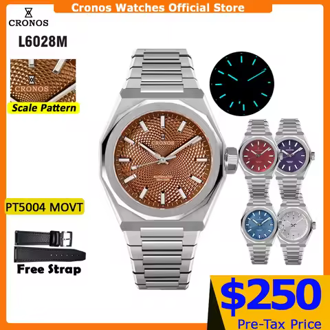 Cronos Luxury Men Watch 39mm Automatic PT5000 Wristwatches Brown Scale Pattern Sapphire 10ATM See-th