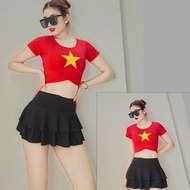 Women's gym set, aerobic yoga gym set, red flag crop top with yellow star (Chem Shirt) gym outfit wo