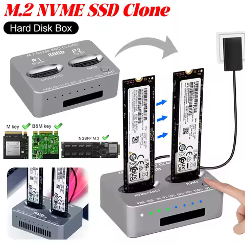 M.2 NVME SSD Clone USB3.2 Type C Dual-Bay External Hard Disk Box Gen2X 20Gbps M.2 SSD Enclosure M/B 
