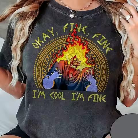 Retro Hercules Villains Hades Meme T-Shirt Okay Fine I'm Fine Graphic Tee Flamingo Design Casual Sum