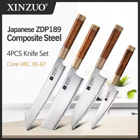 XINZUO 4PCS Kitchen Knives Set Japanese ZDP-189 Composite Steel 65-67 HRC Chef Knife Bread Nakiri Sa