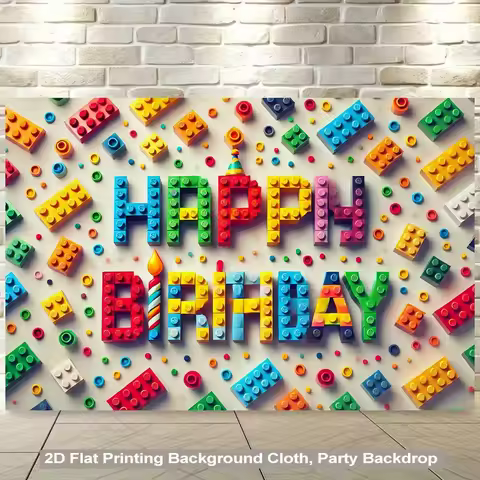 2D flat, 1 piece Lego birthday background banner, suitable for living room, bedroom, office, as a bi