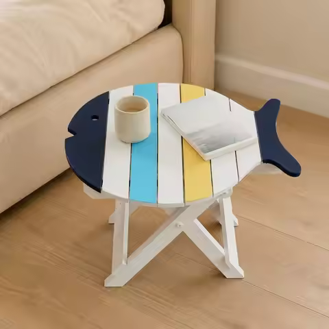 Distressed Solid Wood Folding Side Table Colorful Wooden Painted Wood Accent Coffee Table Small Naut