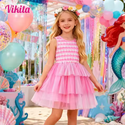 VIKITA Girls Sleeveless Mermaid Scale Pink Dress Kids Layered Tulle Mesh Tutu Dress Toddlers Polyest