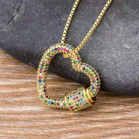 Classic Rainbow CZ Micro Pave Lock Carabiner Pave Lock Heart Shaped Copper Zirconia Clasp Necklace J