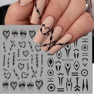 2PCS Black Gotic Y2K Styles Geometry Nail Art Stickers Scar Love Waterdrop Circle Line Decals 3D Hal