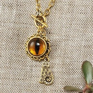 Orange Yellow Glass Cat Eye Evil Eye Gold Cat Kitten Protection Necklace Jewelry