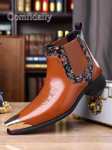 Men's Fashion Chelsea Boots Personality Leather Boots Wear Resistant Comfortable Western Cowboy Boot