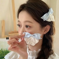 2024 Girl Blue Plaid Lace Lace Duckbill Clip Sweet Student Cute Side Hair Clip Headdress Mori Series