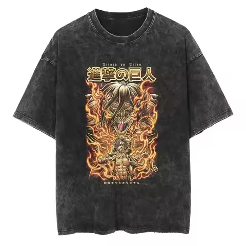 Attack on Titan Men's and Women's Washed T-Shirt Eren Yeager Summer and Spring Anime Cotton Tee Retr