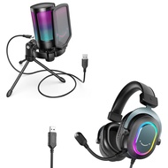 FIFINE Gaming USB Microphone with Headset Bundle for PS5, PC Condenser Mic with Quick Mute, RGB, Gai