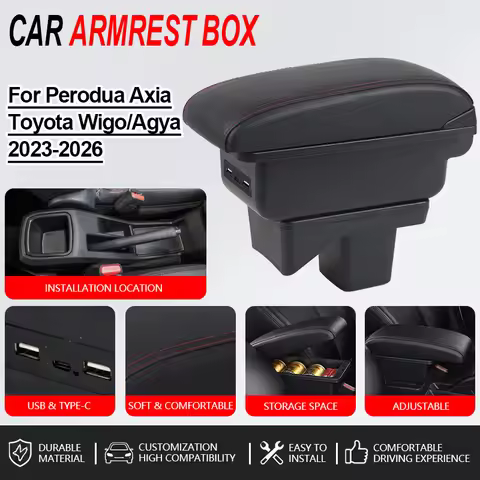 Armrest For Perodua Axia For Toyota Wigo Agya 2023-2026 Car Console Black PU leather Storage Box Int