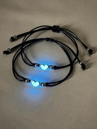 2 piezas/set Pulsera de cuerda pareja brillante en oscuro con adorno de corazón