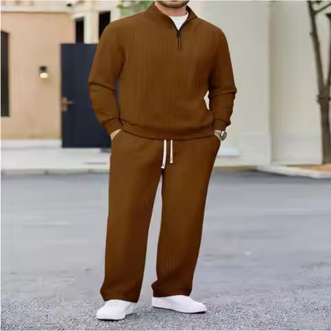 Men's Corduroy Ribbed Texture Half - Zip Set, Casual Stand - Collar Hoodie + Straight - Leg Pants, T