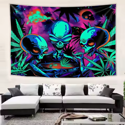 VIKAMA Psychedelic Space Alien Tapestry, Trippy Skull Weed Leaf Wall Decor, Aesthetic Hippie Tapestr