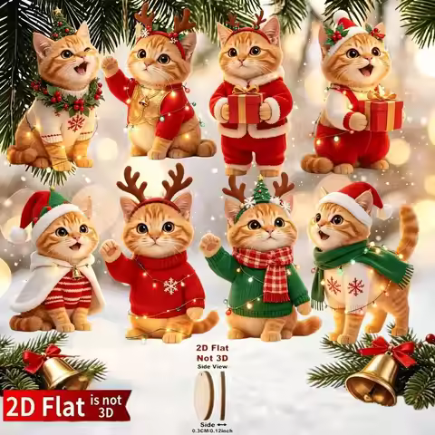 1/5/10/20/50/100pcs 2D Design, 8-Piece Set of Light Orange "Warm Christmas" Cats with Santa Hats, De