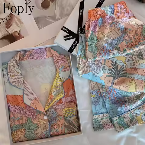 Forest Print Woman Pyjamas Set Spring Summer 2Piece Pajama Satin Silk Sleepwear Longsleeve Top Pants