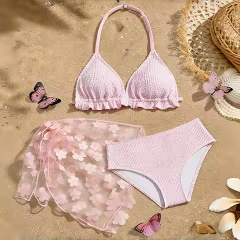 Tween And Teen Girl 3pcs Bikini Sets 3D Floral Mesh Beach Skirt 7-16 Years Kids Girl Swimsuit Cute C