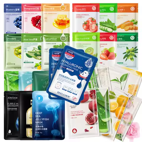 20pcs Hyaluronic Acid Mask Natural Fruit Plant Sheet Mask Aloe Pomegranate Hydrating Anti-Aging Shri