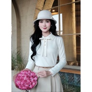 Umi Korean women's long-sleeved shirt with lotus collar design and elegant bow tie, luxurious lady's