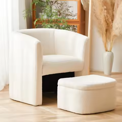 Upholstered Sherpa Barrel Accent Chair with Storage Ottoman, Morden Living Room Side Chair, Single S