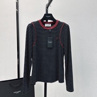 YSL Early Spring New Special-Interest Design Fashion Brand Classic Striped Bottoming Shirt Simple Fashionable Contrast Color BindinglogoEmbroidery