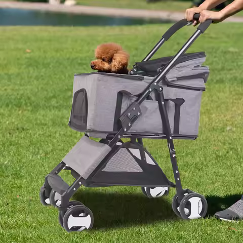 Large Pet Stroller Pram Dog Carrier Trailer Stroller Travel Walk Carrier with Detachable Carrier Car