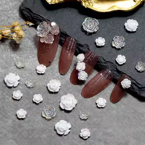 50PCS or 10g Mix Size 3D Pearl White Aurora AB Camellia Black Rose Flowers Resin Nail Art Rhinestone