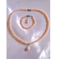 Set Rantai Dan Gelang Mutiara Peach Paras Leher Diameter 4-5mm(Budak&Dewasa)