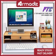 AMZ 2 Tier Monitor Stand Riser With Drawer Lock Multifunction Wood Made Computer Table Top Storage Organizer